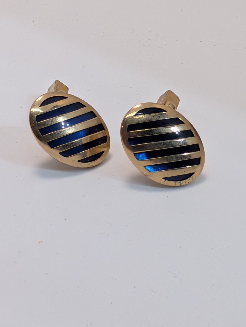 Vintage Swank Oval Gold Tone and Blue Glass Striped Cufflinks